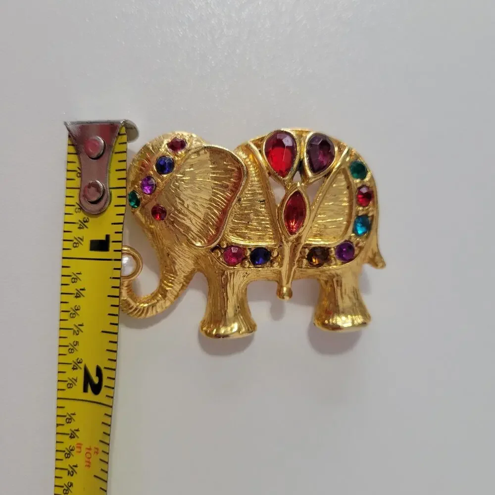 Vintage Elephant Gold Tone Brooch w Multicolor Stones Faux Pearl Mogul Statement